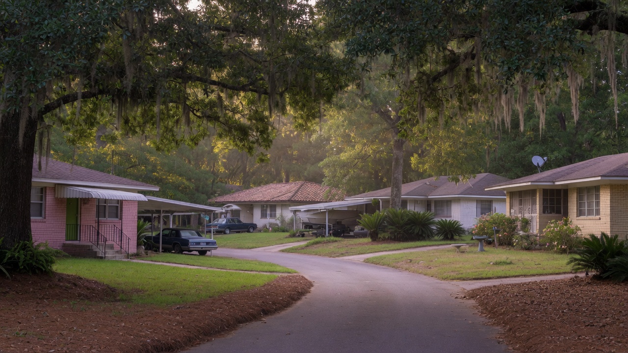 Live oak canopy over brick ranch homes in a Tallahassee neighborhood